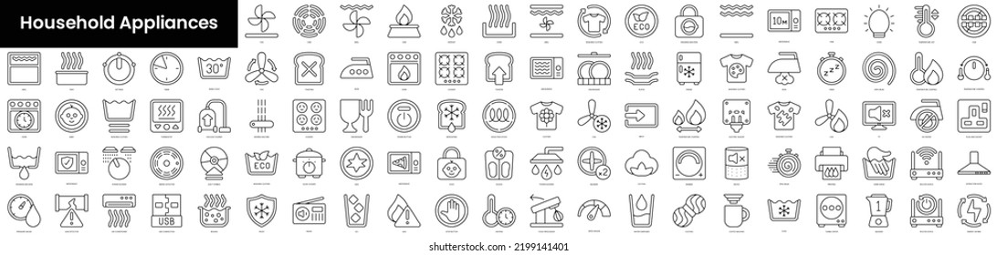 Set of outline household appliances icons. Minimalist thin linear web icons bundle. vector illustration.