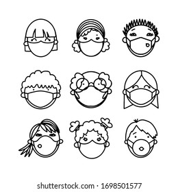 Set of outline humans avatars faces with medicine masks
