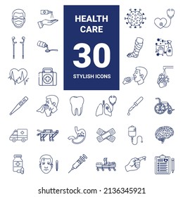 Set of outline icon on white background on the theme of medical tools, drugs, healthcare diagnostics and disease prevention. Collection of stylish monochrome medical illustrations.