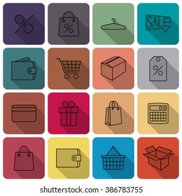 Set outline icon purchases of thin lines with a long diagonal shadow, vector illustration