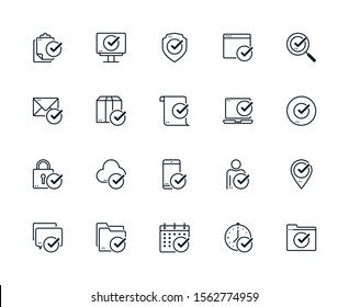 Set of outline icon related with check mark, approved and correct . Editable stroke. Outline icons suitable for web, infographics, interface and apps.