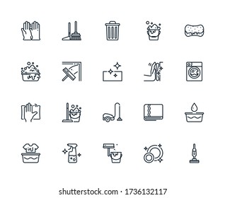 Set of outline icon related with cleaning. Editable stroke. Outline icons suitable for web, infographics, interface and apps.