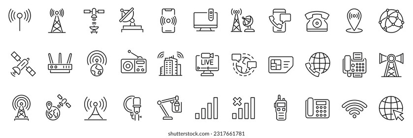 Set of outline icon related to communications, telecommunications. Linear icon collection. Editable stroke. Vector illustration