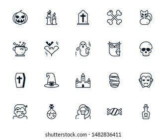 Set of outline icon related with halloween. Editable stroke. Outline icons suitable for web, infographics, interface and apps.