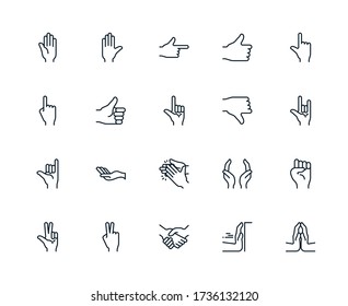 Set of outline icon related with hands gesture. Editable stroke. Outline icons suitable for web, infographics, interface and apps.