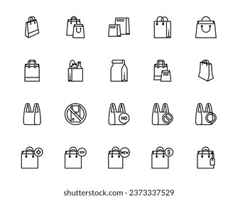 Set of outline icon related to shopping bags. Editable stroke. Outline icons suitable for web, infographics, interface and apps.