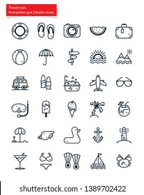 Set of outline icon related with tour, travel and summer. Pixel perfect grid. Editable stroke.