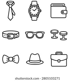 Set of Outline Icon Symbols Representing Essential Men Accessories and Clothing Items