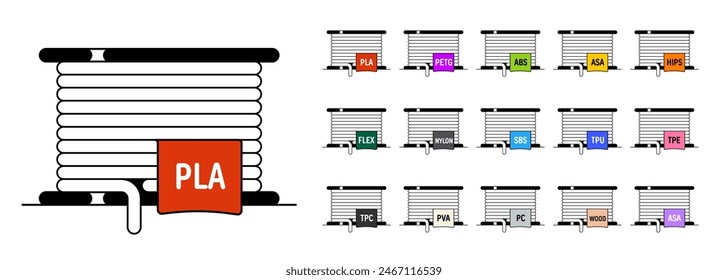 Gruppe von Umrisssymbolen. 3D-Druck-Filamentspulen mit bunten Etiketten für Text. Flaches Symbol. Premium-Qualität 3D-Drucker-Filament isoliert auf weißem Hintergrund. Vektorillustration