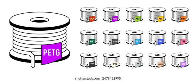 Conjunto de iconos de esquema. bobinas de filamento de impresión 3d con etiquetas coloridas para texto. Icono isométrico. Filamento de la impresora 3D de la calidad de Premium aislado sobre fondo blanco. Ilustración vectorial