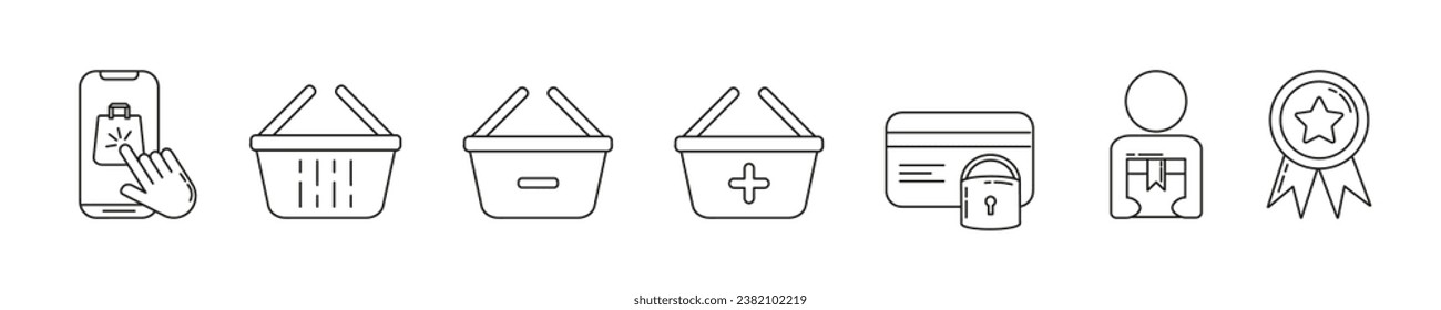 Set of Outline Icons about Click and Collect and Online Shopping. Includes such Pictograms as Internet Order, Cart, Add and Remove product, Secure Payment, collect, good Rating. Suitable for web.