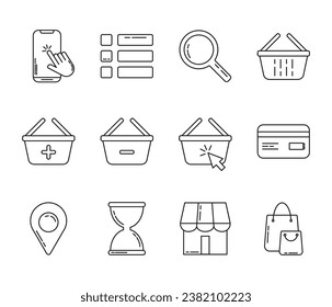 Set of Outline Icons about Click and Collect and E-commerce. Includes such Pictograms as Internet Order, Cart, Payment, store, location, time, goods. Suitable for web and apps.