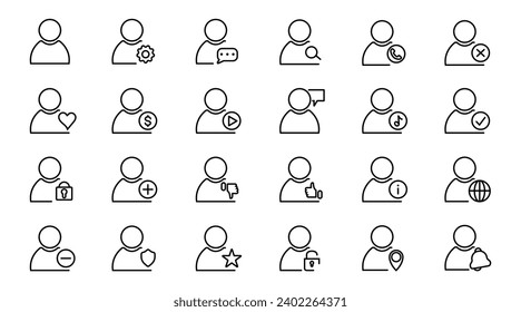 Set of outline icons about users, internet personality, user interface. Simple symbols with black color contour. Vector illustration. EPS 10