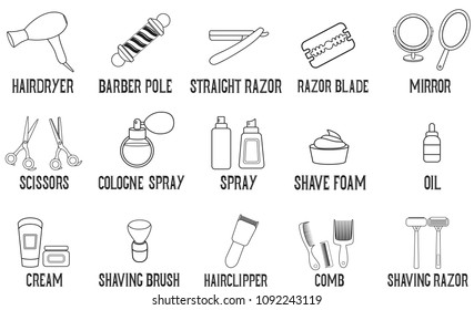 Set of outline icons barbershop equipment icons with text. Barbershop collection with with barber pole, straight razor, razor blade,cologne spray,hairclipper,shaving brush,comb,mirror,spray,comb