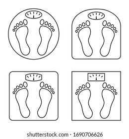 Set of outline icons of bathroom floor scales. Weight measure equipment as round, oval and rectangular shapes. Fitness sport. Icons in outline style isolated on white background. Vector illustration