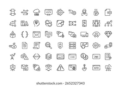 Conjunto de iconos de esquema que representan el desarrollo de software, datos y tecnologías relacionadas.
