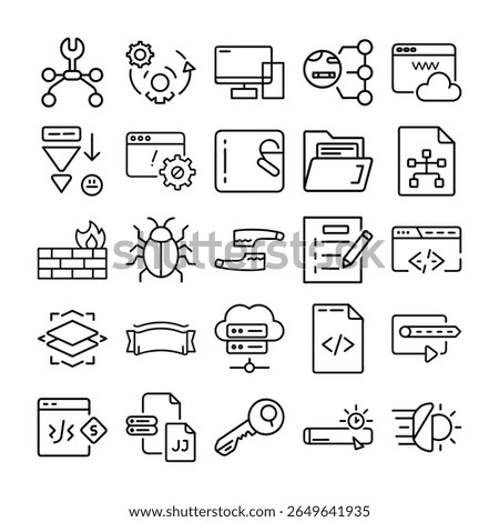 A set of outline icons depicting web development, security, and networking concepts, rendered in a clean, minimalist style.