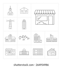 Set of outline icons  with different buildings