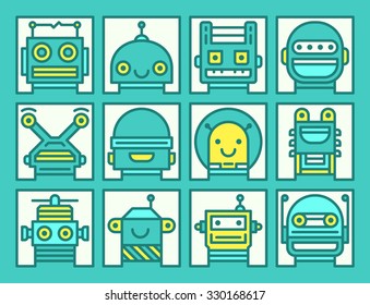 Set of outline icons with different robot faces
