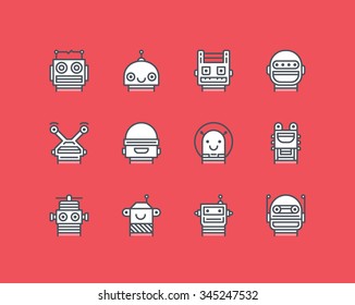 Conjunto de iconos de esquema con caras de robot diferentes