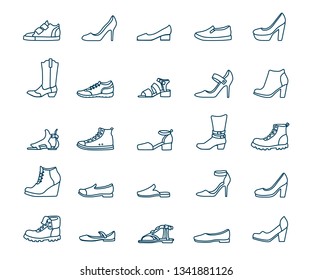 Set of outline icons of different shoes. Sneakers, loafers, sandals, ballet shoes, cowboy boots, pumps, sports, with and without heels. Vector monochrome illustration isolated on white background.