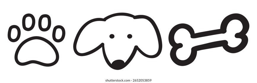 Set of outline icons. Dog paw, Dog bone, Dog face. Vector illustrations. Simple graphic design on white background.
