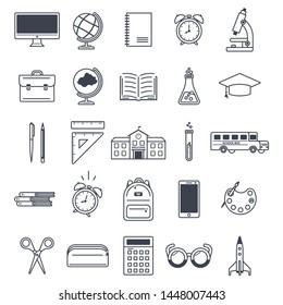 Set of outline icons for education on a white background. Back to school. Design for banner, poster, label. Vector illustration.