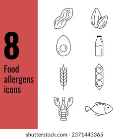 
Set outline icons of eight major food allergens. Peanuts, Fish, Nuts, Milk, Wheat, Lobster, Egg and Soy. Suitable for web, apps, menus, labels, product badges.