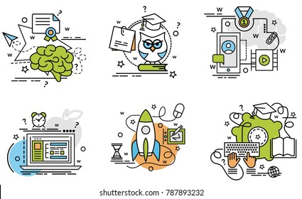 Set of outline icons of E-Learning.
Colorful icons for website, mobile, app design and print.