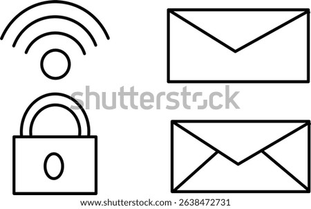 Set of outline icons: email, wifi, and lock on white background.