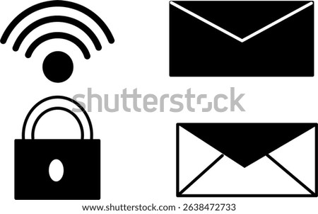 Set of outline icons: email, wifi, and lock on white background.