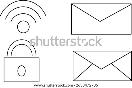 Set of outline icons: email, wifi, and lock on white background.