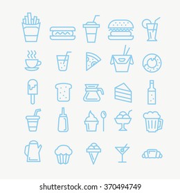 set of outline icons of fast food. different food for breakfast.