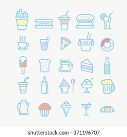 set of outline icons of fast food. different food for breakfast.