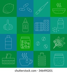 Set of outline icons for flu and cold treatment. Lemon, honey, pills, herbs, supplements, thermometer, hot water bottle, garlic. 