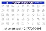 Set of outline icons of graphic design. Simple linear icons in a modern style flat, Creative Process. Graphic design, creative package, stationary, software.Minimal Graphic Design related icon set.
