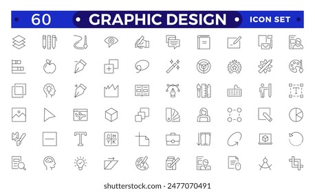 Set of outline icons of graphic design. Simple linear icons in a modern style flat, Creative Process. Graphic design, creative package, stationary, software.Minimal Graphic Design related icon set.
