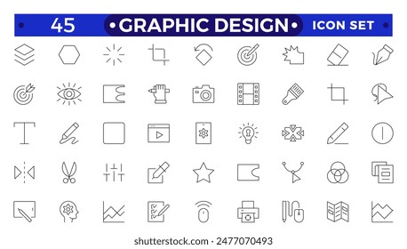 Conjunto de iconos de contorno del Diseño gráfico. Iconos lineales simples en un estilo moderno plano, proceso creativo. Diseño gráfico, paquete creativo, estacionario, software.Minimal Diseño gráfico relacionado conjunto de iconos.
