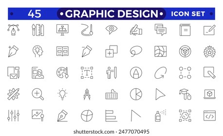 Set of outline icons of graphic design. Simple linear icons in a modern style flat, Creative Process. Graphic design, creative package, stationary, software.Minimal Graphic Design related icon set.
