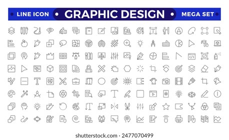 Set of outline icons of graphic design. Simple linear icons in a modern style flat, Creative Process. Graphic design, creative package, stationary, software.Minimal Graphic Design related icon set.
