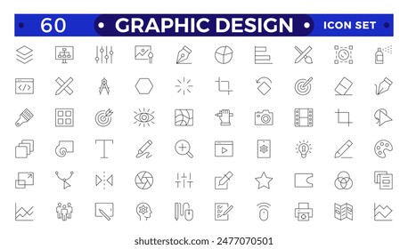 Set of outline icons of graphic design. Simple linear icons in a modern style flat, Creative Process. Graphic design, creative package, stationary, software.Minimal Graphic Design related icon set.
