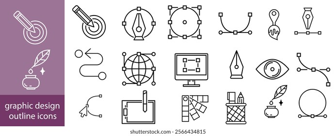 Set of outline icons of graphic design. Simple linear icons in a modern style flat, Creative Process. Graphic design, creative package, stationary, software. Minimal Graphic Design related icon set.