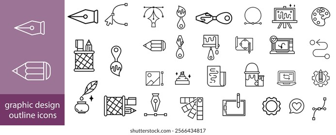 Set of outline icons of graphic design. Simple linear icons in a modern style flat, Creative Process. Graphic design, creative package, stationary, software. Minimal Graphic Design related icon set.