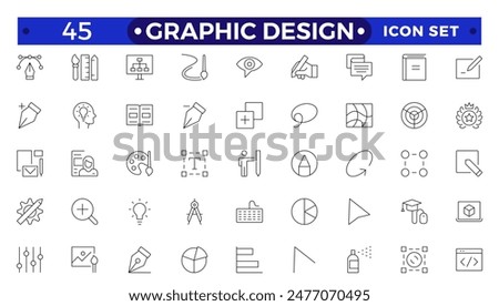 Set of outline icons of graphic design. Simple linear icons in a modern style flat, Creative Process. Graphic design, creative package, stationary, software.Minimal Graphic Design related icon set.
