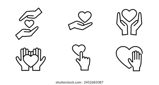 Set of outline icons with hands and hearts. Editable stroke. Donate and charity concept. Isolated vector illustration. 