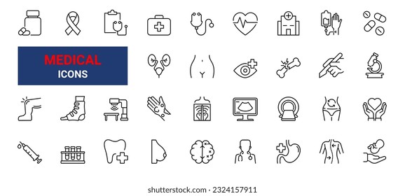 Set of outline icons healthcare medical. Medical care. Dermatology, gynecology, oncology, dentistry. Editable stroke Vector illustration.