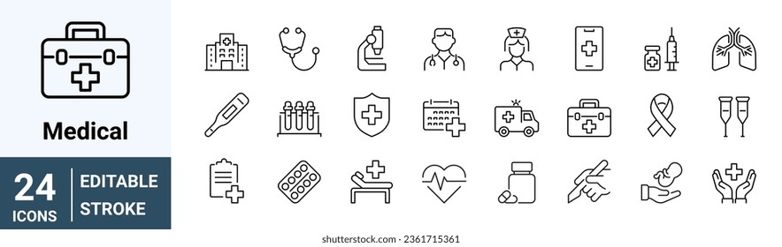 Set of outline icons healthcare medical. Medical care. Dermatology, gynecology, oncology, dentistry. Editable stroke Vector illustration.