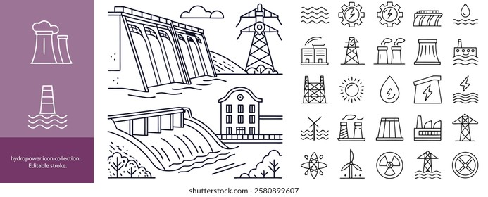 Set of  outline icons to hydropower. hydropower Linear icon collection. Editable stroke. Vector illustration