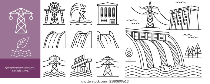 Set of  outline icons to hydropower. hydropower Linear icon collection. Editable stroke. Vector illustration