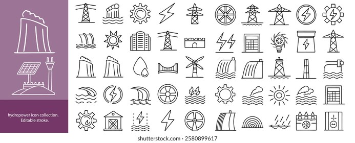 Set of  outline icons to hydropower. hydropower Linear icon collection. Editable stroke. Vector illustration
